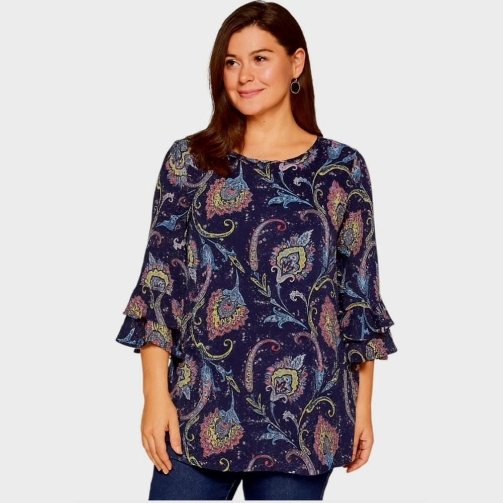 Valerie Stevens Paisley Print Ruffle Sleeve Blouse Navy Size M